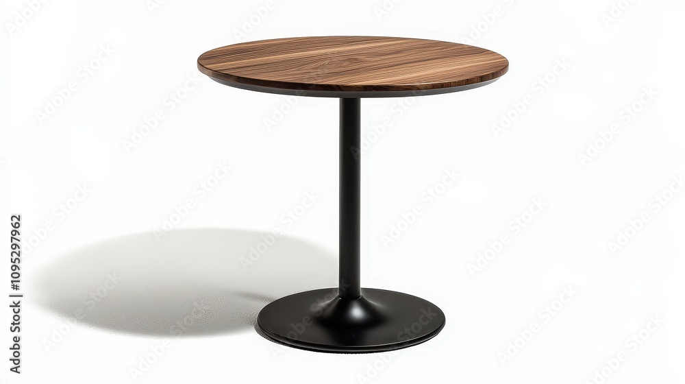 Modern minimalist round wooden table with black metal base on white background Modern minimalist round wooden table with black metal base on white background