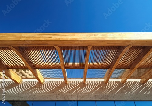 Architectural Design Featuring Intricate Wooden Lattice Structure Against a Clear Blue Sky with Dynamic Shadow Play on Modern Building Facade