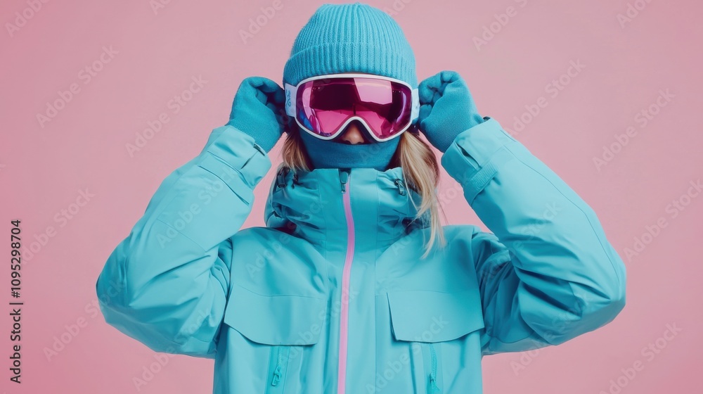 Snowboarder fun woman wear blue suit hat ski padded jacket hold take off goggles mask isolated on plain pastel pink background. Winter extreme sport hobby weekend trip relax concept Snowboarder fun woman wear blue suit hat ski padded jacket hold take off goggles mask isolated on plain pastel pink background. Winter extreme sport hobby weekend trip relax concept