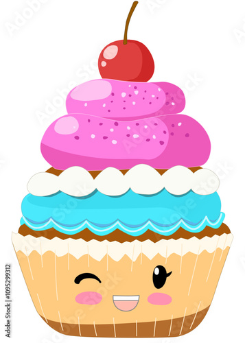 cupcake with cherry in cute illustration 
