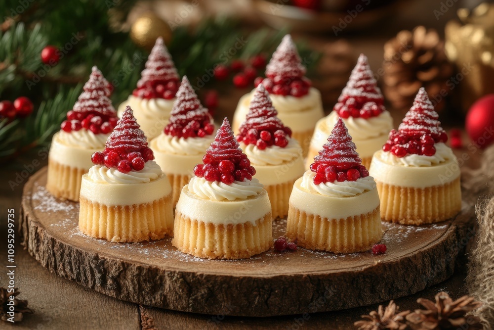 holiday dessert display, festive cheesecakes in mini christmas tree shape, served on a rustic platter in a holiday setting a delightful dessert holiday dessert display, festive cheesecakes in mini christmas tree shape, served on a rustic platter in a holiday setting a delightful dessert