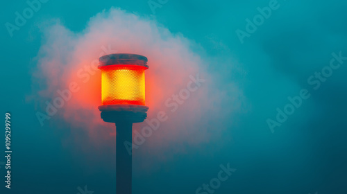 Fire alarm warning response concept. Glowing fire alert beacon emits bright orange light in foggy atmosphere photo