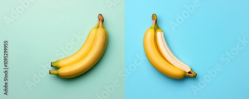 Side-by-side bananas in different stages of ripeness, their surface textures sharply contrasted, banana comparison, evolution of freshness