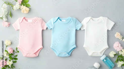 Vintage baby bodysuit mockup concept. Soft baby onesies in pink, blue, and white, surrounded by delicate flowers and baby care products, set against a light gray background. photo