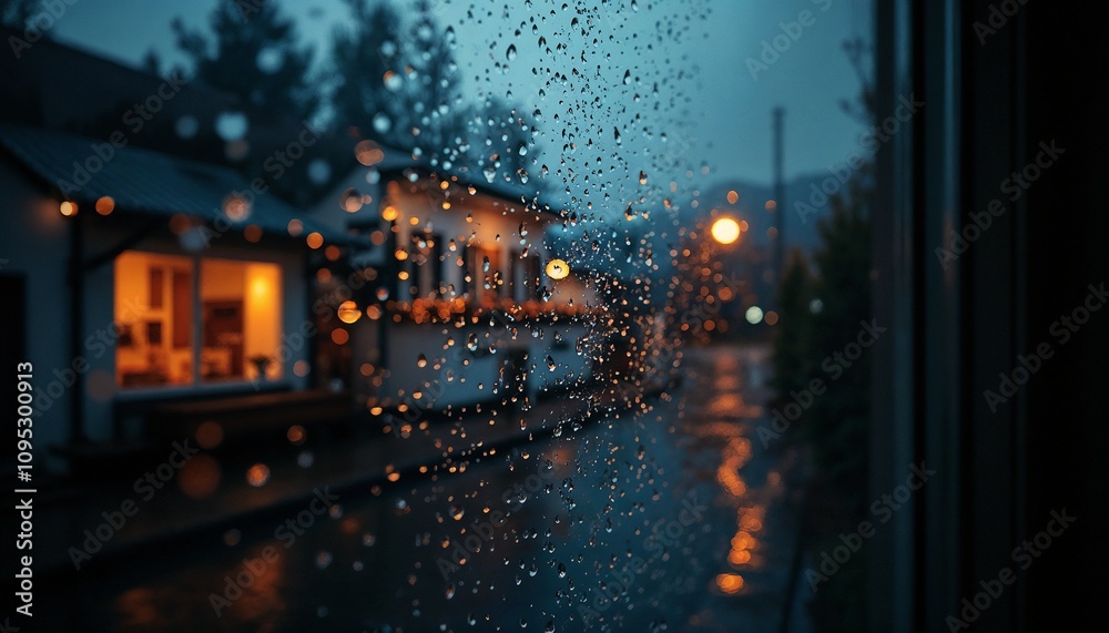 Raindrops on a window with a cozy house view and illuminated street lights at dusk Raindrops on a window with a cozy house view and illuminated street lights at dusk