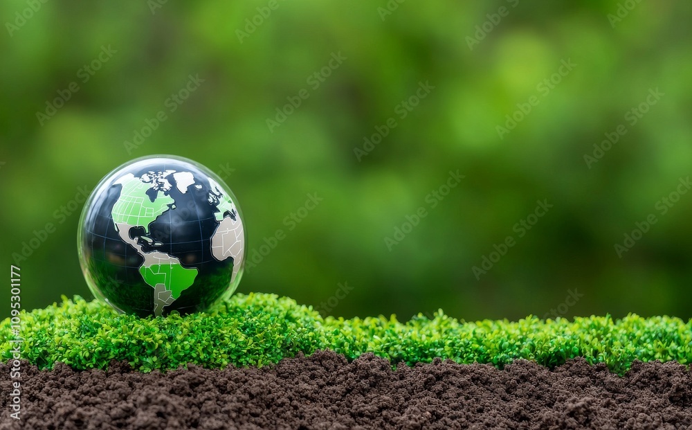 A green glass globe in a forest, symbolizing ESG, CO2 reduction, circular economy, and net zero goals. Technology, environment, society, and governance concepts for a sustainable business in a green A green glass globe in a forest, symbolizing ESG, CO2 reduction, circular economy, and net zero goals. Technology, environment, society, and governance concepts for a sustainable business in a green