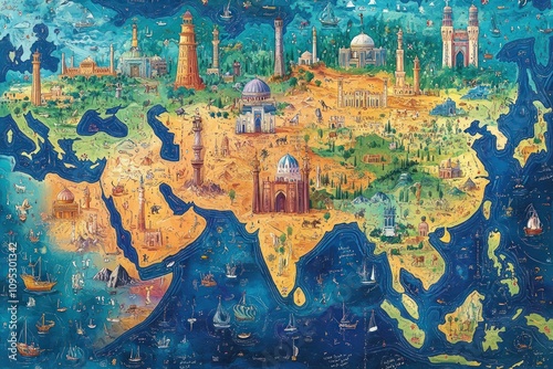 Artistic Depiction Of Famous Landmarks Across Eurasia