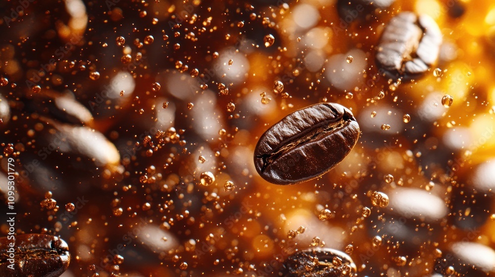 Roasted coffee beans suspended in liquid. Roasted coffee beans suspended in liquid.