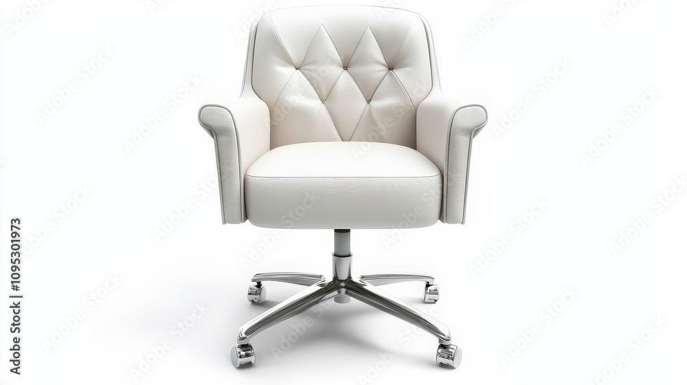 Elegant white office chair with tufted backrest on casters against white background Elegant white office chair with tufted backrest on casters against white background