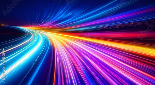 A highway with colorful light trails, symbolizing the speed and movement of digital marketing. Generative AI.