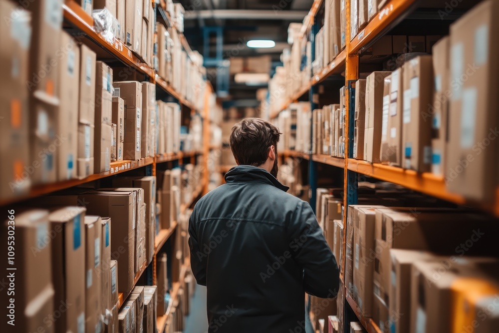 Warehouse Worker Navigating Aisles of Storage Boxes in a Busy Distribution Center, Focusing on Inventory Management and Logistics Operations Warehouse Worker Navigating Aisles of Storage Boxes in a Busy Distribution Center, Focusing on Inventory Management and Logistics Operations
