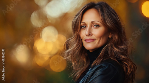 Banner of woman in leather jacket against golden blurred lights elegance style confident pose autumnal background warm hues beauty sophistication