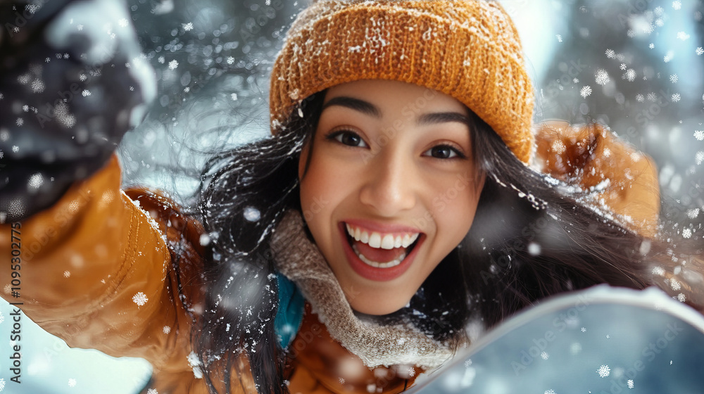Banner showcasing cheerful woman embracing snowfall wearing orange jacket warm vibes joyous winter scene snowflakes swirling around image Banner showcasing cheerful woman embracing snowfall wearing orange jacket warm vibes joyous winter scene snowflakes swirling around image
