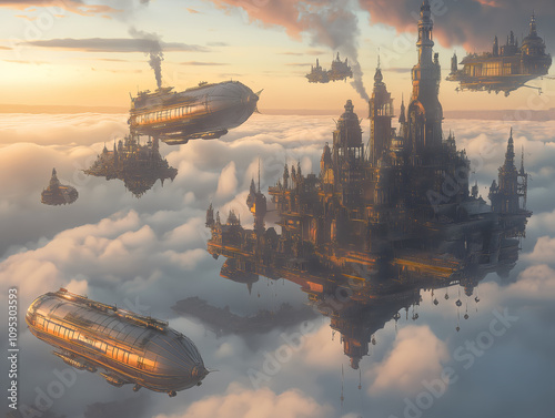 futuristic city floating above the clouds with airships photo