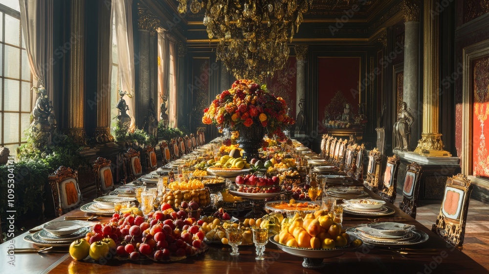 A Grand Feast in a Royal Dining Hall - Opulent dining hall, lavish feast, royal banquet, abundance of fruit, elegant setting. A Grand Feast in a Royal Dining Hall - Opulent dining hall, lavish feast, royal banquet, abundance of fruit, elegant setting.