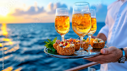 Wallpaper Mural A serene sunset cruise scene featuring a hand serving drinks and appetizers on a platter, evoking luxury and relaxation. Torontodigital.ca