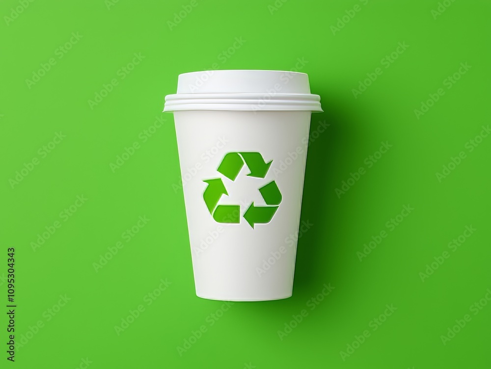 An up-close view of a white recyclable cup with a recycling symbol, emphasizing minimal eco-friendly packaging on a green backdrop, encouraging sustainable consumption. An up-close view of a white recyclable cup with a recycling symbol, emphasizing minimal eco-friendly packaging on a green backdrop, encouraging sustainable consumption.