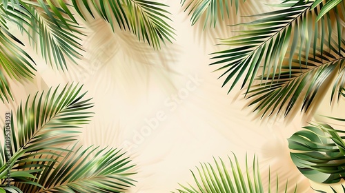 Tropical palm leaves on beige background. Flat lay, top view.