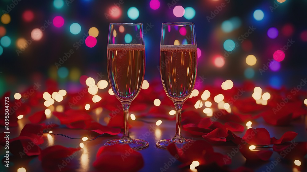 Champagne glasses on blurred lights background, Valentine's Day Champagne glasses on blurred lights background, Valentine's Day