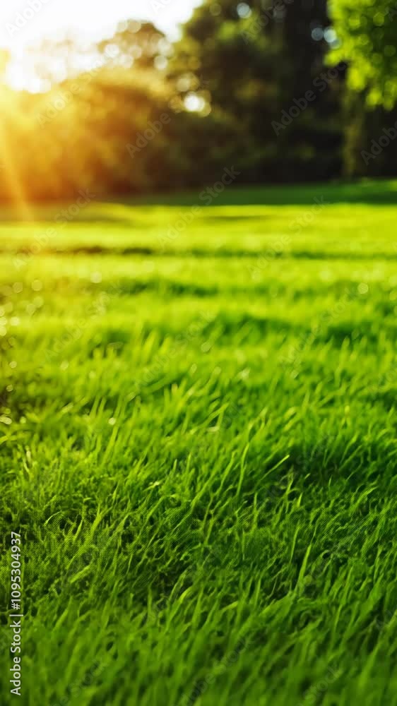 Lush green grass illuminated by sunset rays in a tranquil outdoor setting Lush green grass illuminated by sunset rays in a tranquil outdoor setting