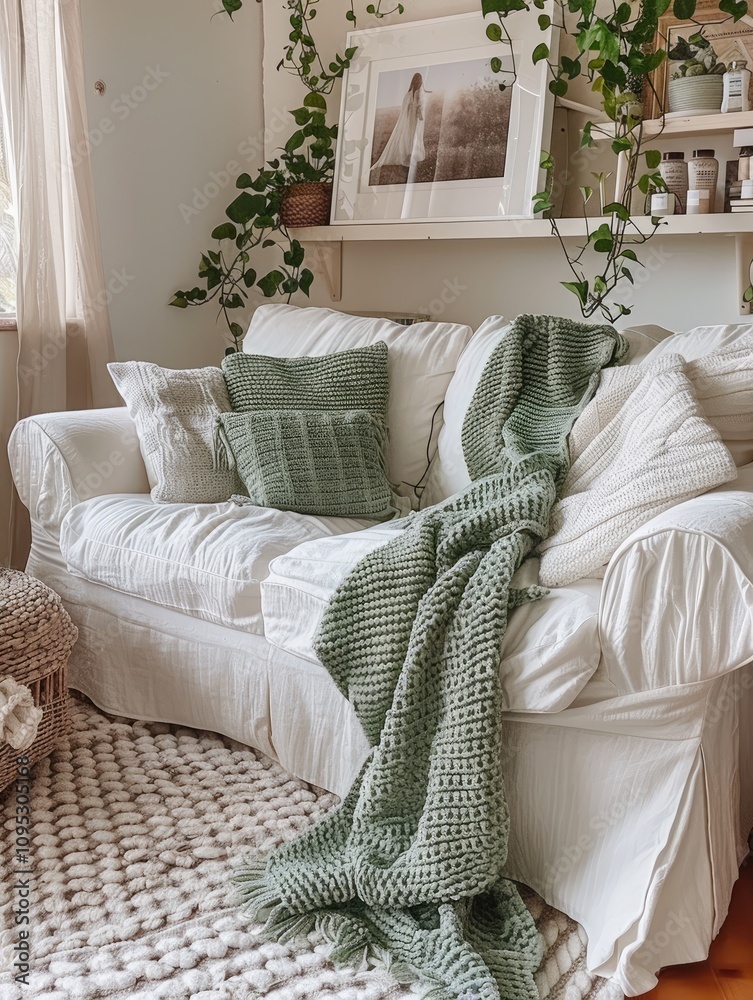 Charming interior featuring an empty photo frame on a white wall with cozy furnishings Charming interior featuring an empty photo frame on a white wall with cozy furnishings