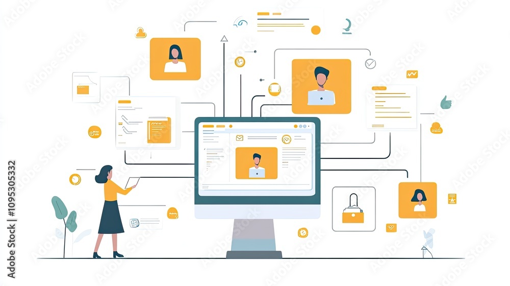 A person interacting with a futuristic CRM interface, highlighting customer profiles and marketing A person interacting with a futuristic CRM interface, highlighting customer profiles and marketing