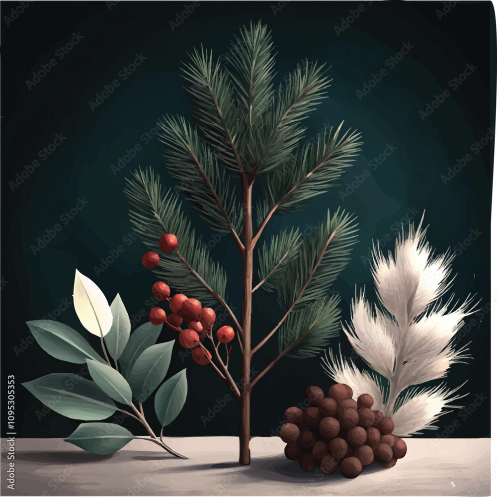 Fototapeta premium Natural Christmas arrangement with pine and red berry highlights