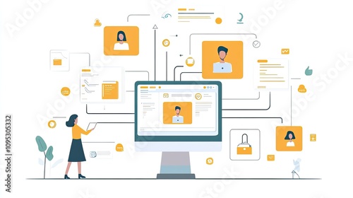 A person interacting with a futuristic CRM interface, highlighting customer profiles and marketing