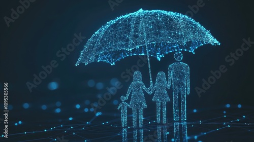 Digital icons of a family under a protective umbrella, emphasizing health insurance and medical care coverage.