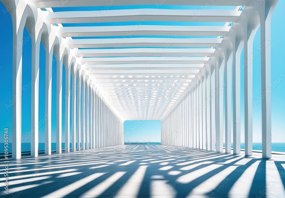 Naklejka premium Bright and Airy Architectural Structure with Long White Columns and Blue Sky Background, Perfect for Modern Design and Peaceful Atmosphere in Stock Photography