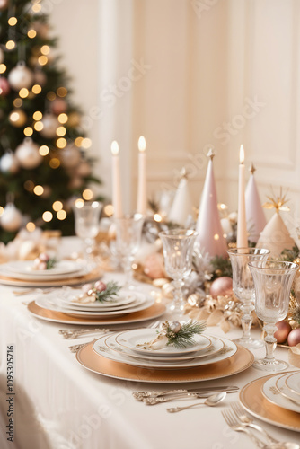 Beautiful Christmas table setting with candles, wonderful beige ornaments, and bokeh lights in background