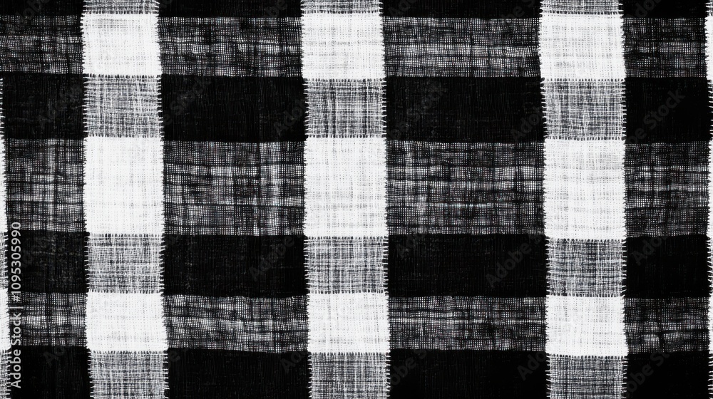 A close-up view of a black and white checkered fabric pattern, showcasing a textured design. A close-up view of a black and white checkered fabric pattern, showcasing a textured design.