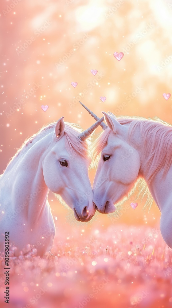 Enchanting unicorns in a magical pastel meadow with heart accents Enchanting unicorns in a magical pastel meadow with heart accents