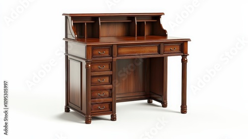 Elegant wooden writing desk with classic design and multiple drawers in warm brown finish