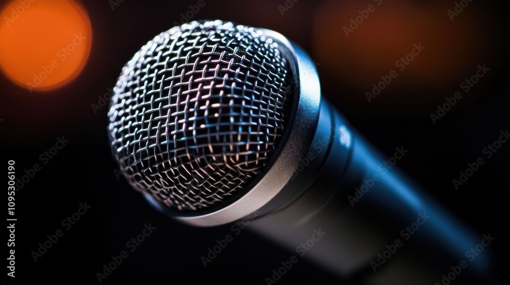 Close-up of a professional microphone against a softly blurred background, capturing its intricate mesh details. Close-up of a professional microphone against a softly blurred background, capturing its intricate mesh details.