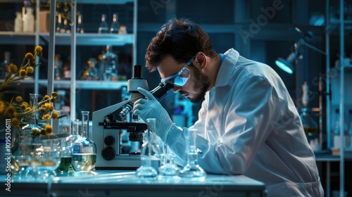 a man conducts an analysis under a microscope, a laboratory assistant in a medical uniform, laboratory research in the field of medicine