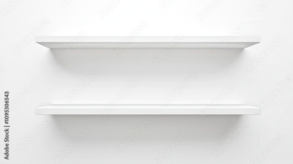 Minimalist white shelves on clean wall for interior design inspiration Minimalist white shelves on clean wall for interior design inspiration