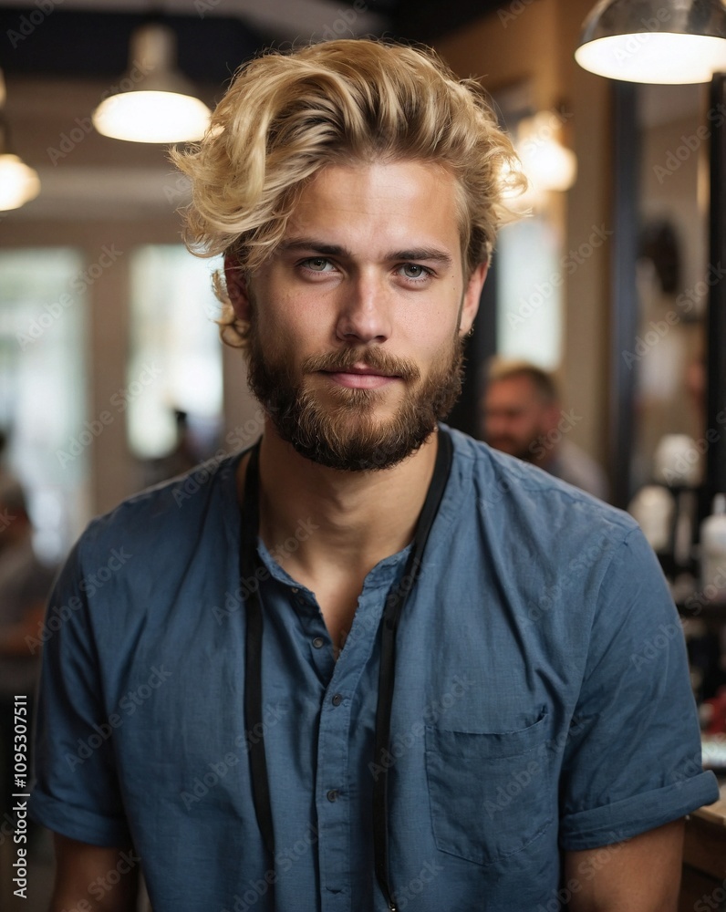 Fototapeta premium A young, cheerful, handsome, bearded, blond, tousled man in a fashionable barbershop.