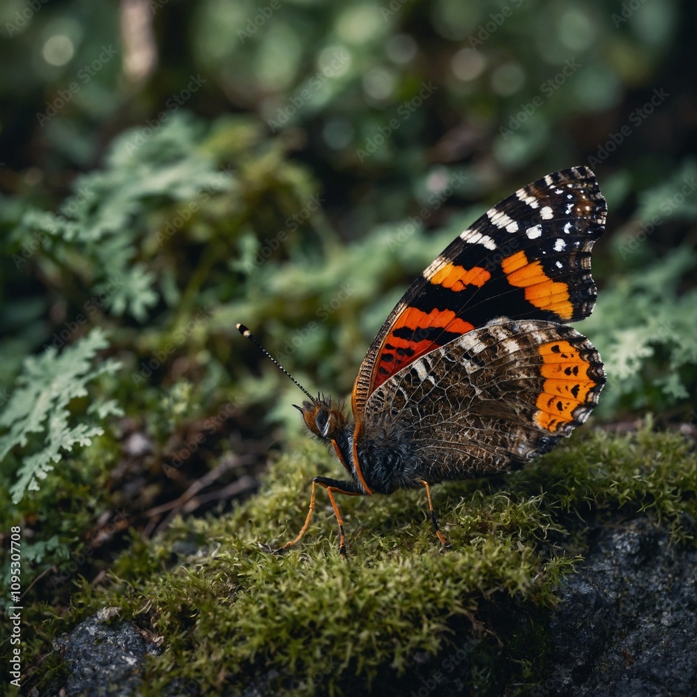 A red admiral butterfly resting on a mossy stone in a forest glade. A red admiral butterfly resting on a mossy stone in a forest glade.
