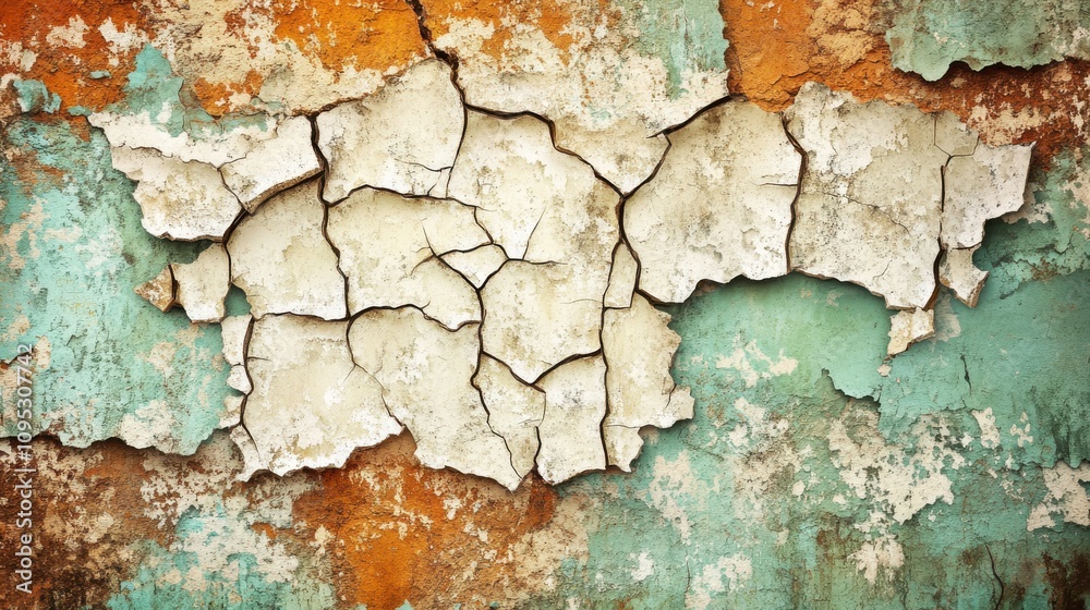 Obraz premium Abstract close-up of cracked, peeling paint on a weathered wall featuring shades of turquoise and orange.