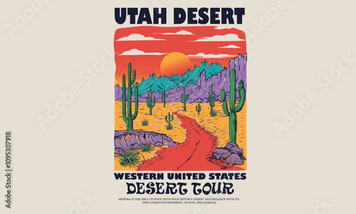 Cactus tree vector design. Sunshine artwork. Desert vibes artwork design for sticker, poster, background, fashion and others. Mountain artwork. Utah desert vintage print design for t shirt.	