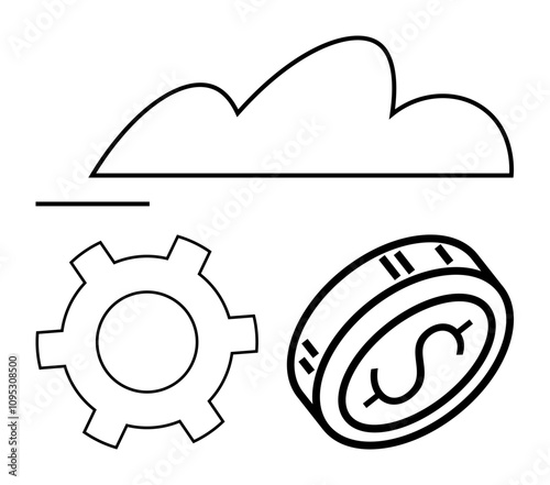 Cloud outline above gear and coin with a dollar sign. Ideal for cloud services, technology, finance, business efficiency, software development, online services, data storage. Line metaphor