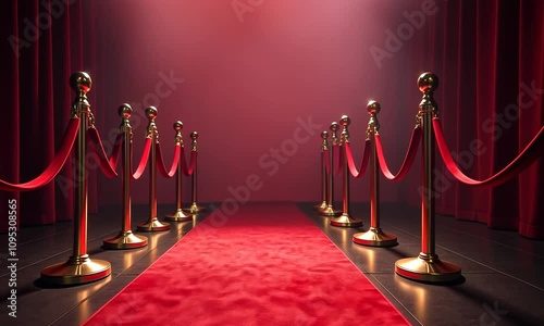 Elegant red carpet walkway with luxurious velvet curtains in grand venue
