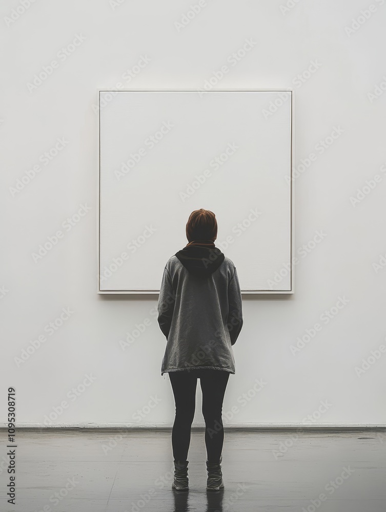 Fototapeta premium Contemplation Before Blank Canvas - A person stands before a large blank canvas, symbolizing potential, creativity, minimalism, contemplation, and artistic expression.
