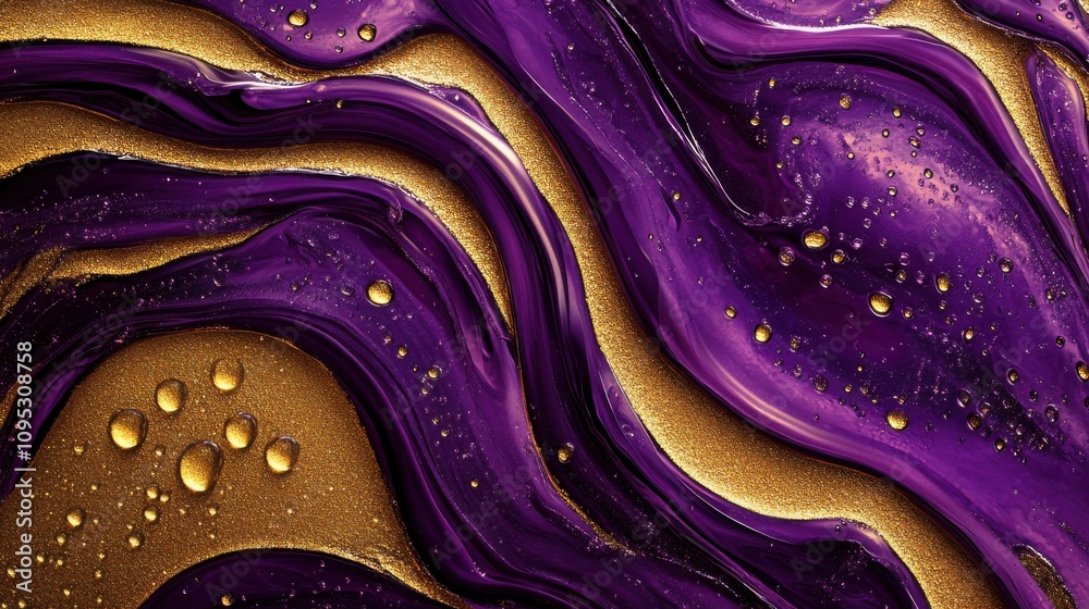 Abstract art piece featuring flowing purple and gold textures with droplets, creating a luxurious and vibrant atmosphere. Abstract art piece featuring flowing purple and gold textures with droplets, creating a luxurious and vibrant atmosphere.
