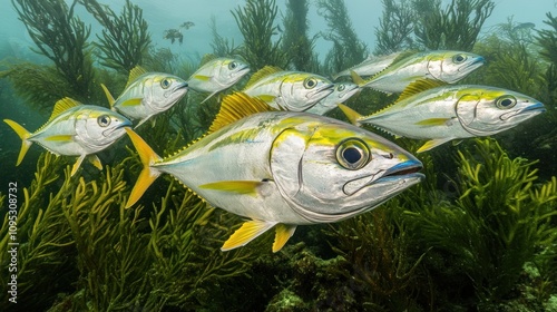 School of yellowtail snapper swimming near seaweed.