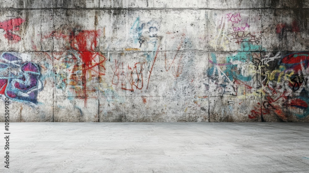 Obraz premium A weathered concrete wall with vibrant graffiti, showcasing an urban art scene.