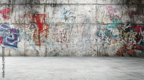 A weathered concrete wall with vibrant graffiti, showcasing an urban art scene.