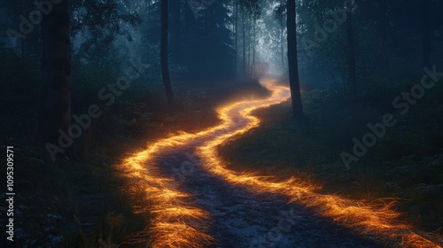 A mystical forest path illuminated by glowing embers, creating an enchanting atmosphere.