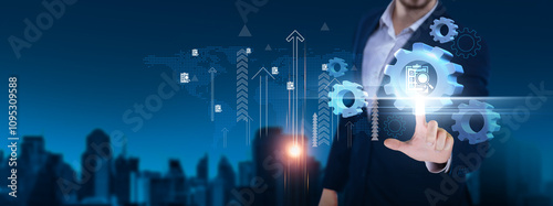 Assessment: Evaluation, analysis, feedback, performance, growth, appraisal, measurement, improvement. Businessman hand holds assessment icon and network on digital interface. photo
